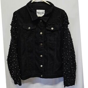 Between Us Womens XL Black Distressed Denim Jacket Silver Studded Sleeves Jean